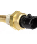 Engine coolant temperature sensor, brass body with hex nut and black plastic connector, close-up view.