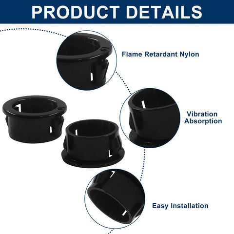 Three Quarter Inch Black Snap In Bushing Set For Wiring, Tubing And Cable Holes, Nylon Plastic Snap In Locking Grommets