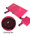 Premium Aluminum Laptop Bed Tray With Adjustable Angled Legs And Cooling Radiating Vents Built Tough, pink with cooling fan.