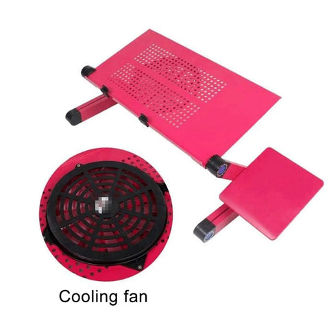 Premium Aluminum Laptop Bed Tray With Adjustable Angled Legs And Cooling Radiating Vents Built Tough, pink with cooling fan.