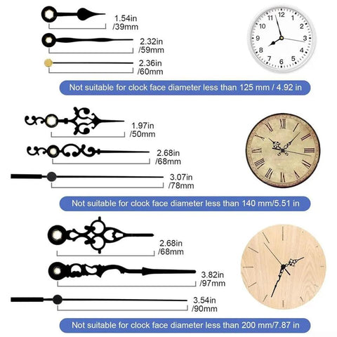 Clock Timing Movement Repair Kit With Replacement Hands For Music Box Restoration, multiple hand styles and sizes displayed.