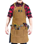 Heavy Duty Waxed Canvas Work Apron For Men With Shoulder Straps, Durable Tool Apron With Pockets, Water Resistant, Full Coverage 34x26 Inches