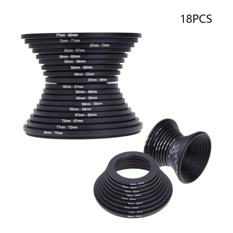 Boost Your Lens Game With An 18 Piece Metal Step Up Step Down Ring Adapter Kit For DSLR Cameras Covers 37Mm To 82Mm, showing rings stacked
