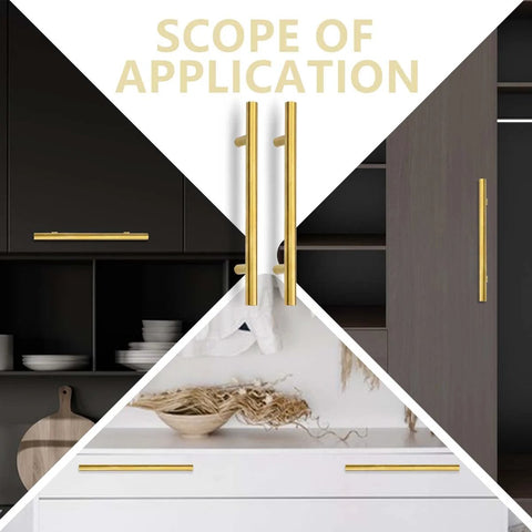 12 Pack 8 Inch Gold Cabinet Pulls With 5 Inch Center Holes Stainless Steel Modern Brushed Finish installed on black cabinets and white drawers