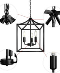 Detailed view of Dope Three Light Industrial Farmhouse Chandelier in Matte Black with Square Cage Pendant for Kitchen Island, Living Room, Foyer or Dining Area