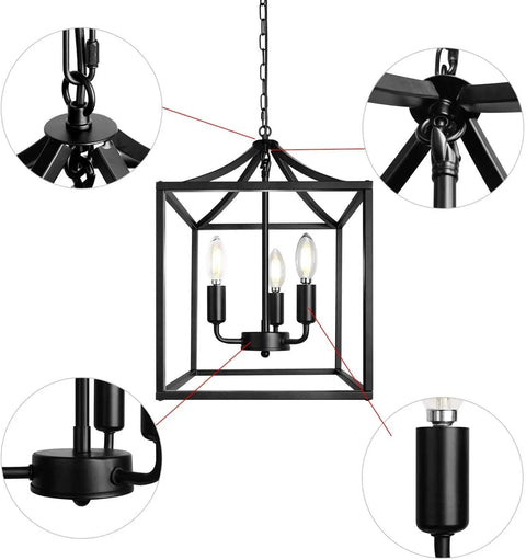 Detailed view of Black Farmhouse Pendant Light Lantern Cage Chandelier For Industrial Kitchen Foyer Dining Room And Island Three Light E12 Fixture Vintage Style 15x11 Inches