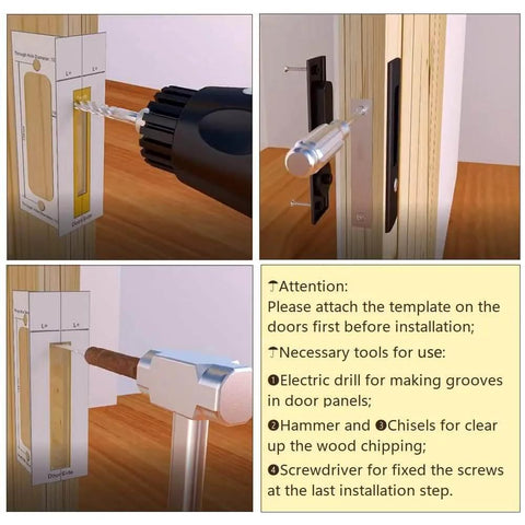 Diagram showing installation of Privacy Pocket Door Lock Hardware With Key For Invisible Barn Doors in brushed nickel finish with tools and instructions.