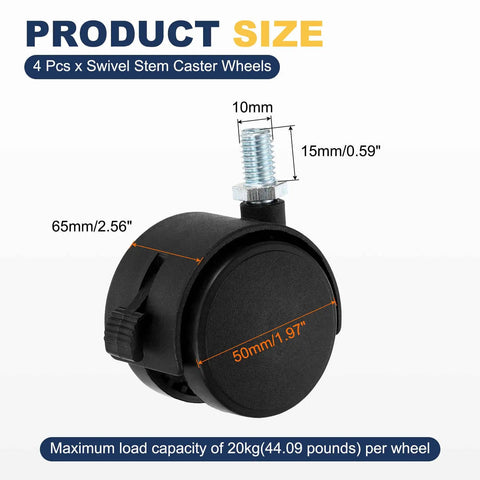 2-Inch Swivel Stem Caster Wheels Set, 4-Piece Workhorse With M10x15mm Threaded Rod, size dimensions and load capacity shown