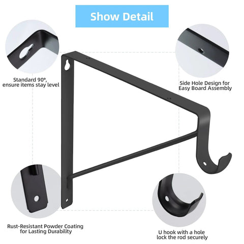 10 Pack Heavy Duty Closet Rod Bracket Set With 90 Degree Triangle Support, Matte Black Steel, rustproof, side hole design