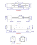 100mm Stroke Linear Slide Table For CNC Router And Optical Measurement, 28 Stepper Motor, Single Rail Linear Motion Stage, 1.8 Degree Step Angle, Beefy Alloy Construction For Ultra Solid Precision And Vibration Dampening. technical drawing with vertical, side and bottom views