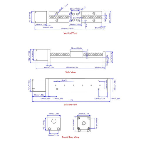 100mm Stroke Linear Slide Table For CNC Router And Optical Measurement, 28 Stepper Motor, Single Rail Linear Motion Stage, 1.8 Degree Step Angle, Beefy Alloy Construction For Ultra Solid Precision And Vibration Dampening. technical drawing with vertical, side and bottom views
