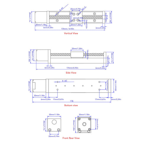 Rock Solid Manual Linear Rail Slide Table With 100mm Stroke And 28 Stepper, Ideal Linear Stage For CNC Router Parts X Y Z Motion, Rugged Guide Rail System Delivers Quiet, Precise Movement. Dimensioned technical drawing with vertical, side, bottom, and front views.