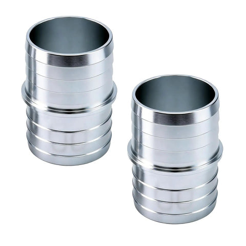 One And A Half Inch Hose Barb Splice Coupler Kit Aluminum Repair Fittings featuring two aluminum barbed connectors.