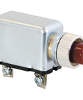 Side view of Dump Body Up Indicator And Buzzer Light For Trucks And Equipment, 12V 0.2A LED Alarm with red lens and screw terminal.