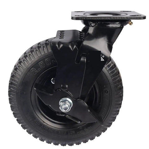 Kickass 8 Inch Pneumatic Rubber Wheel Heavy Duty Cart Caster With Side Brake Universal Flanged Track swivel mount view.