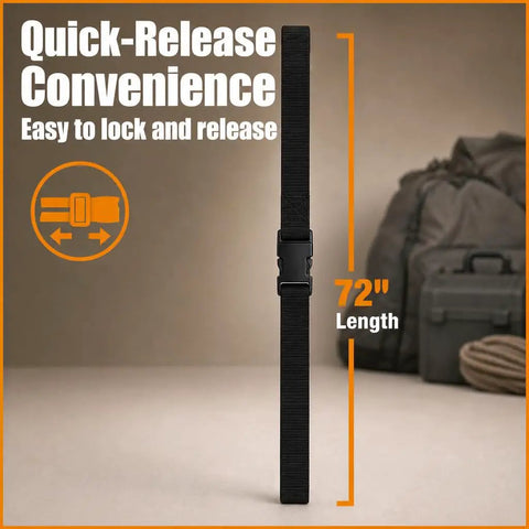 Heavy Duty Utility Strap With Quick Release Buckle 72 Inch Polypropylene Tie Down next to camping gear
