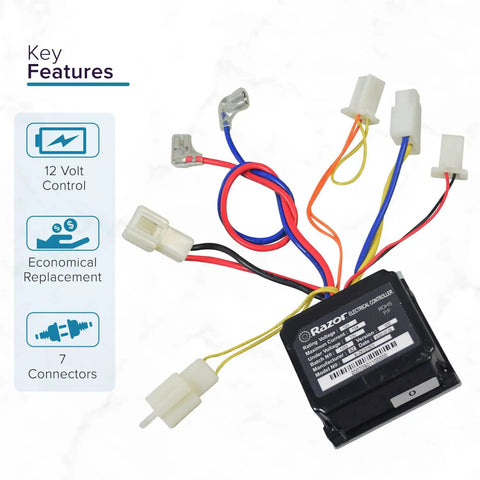 Replacement Control Module For MX125 Razor Dirt Bike Versions 1 Through 5 Easy Plug And Play Upgrade Quick Swap For Faster Rides Verify Your Version Before Ordering By Checking The Product ID Codes 7th And 8th Digits, black 12V controller with 7 connectors