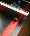Close-up of installed 75 Type T Slot Miter Track for woodworking, showing 1200mm aluminum alloy T track slide and fixtures.