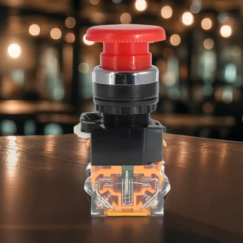 Emergency Stop Button Switch With Red Mushroom Head 22mm NO NC Spring Return on wooden surface, industrial safety device