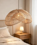 YAXDQUW Irregular Shaped Rattan Pendant Light Hand Woven Wicker Hanging Ceiling Lamp Adjustable Cord in bedroom.