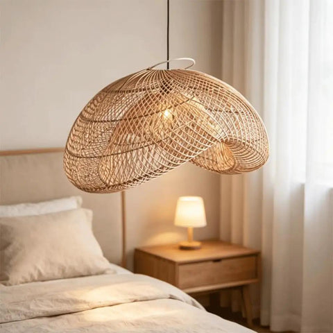 YAXDQUW Irregular Shaped Rattan Pendant Light Hand Woven Wicker Hanging Ceiling Lamp Adjustable Cord in bedroom.