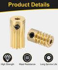 uxcell brass worm gear set shown in front and side views; 10T, 0.5 module, 10:1 reduction, 2mm bore