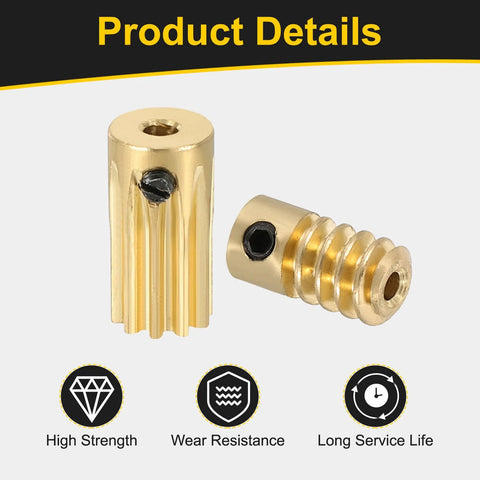 uxcell brass worm gear set shown in front and side views; 10T, 0.5 module, 10:1 reduction, 2mm bore