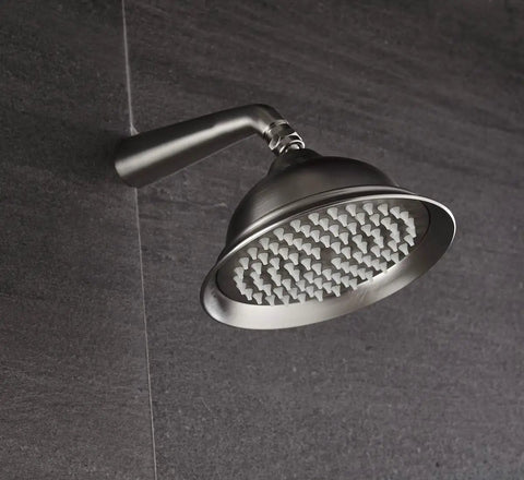 Close-up of brushed nickel showerhead from All In One Shower System With Wall Mounted Fixtures Rough In Valve And Trim Kit.