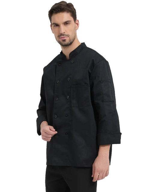 Straight Fire Kickass Chef Coat Black Long Sleeve Kitchen Workwear worn by a man, featuring a solid black design and practical pockets.