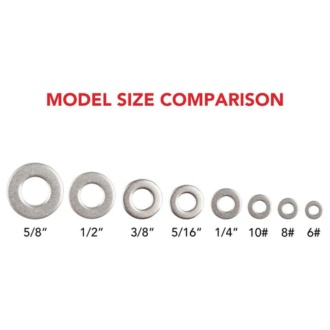 AOKOLL 304 stainless steel flat washers set; eight washers show sizes 5/8, 1/2, 3/8, 5/16, 1/4, 10, 8, 6.