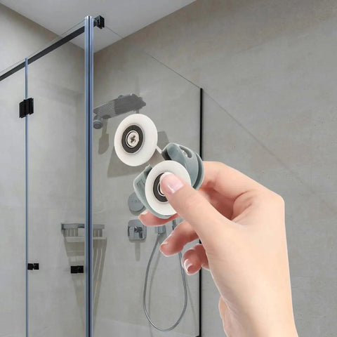 4 Pack Sliding Door Roller Hardware Replacement Kit held, showing quiet wheel guide pulleys for smooth bathroom door use