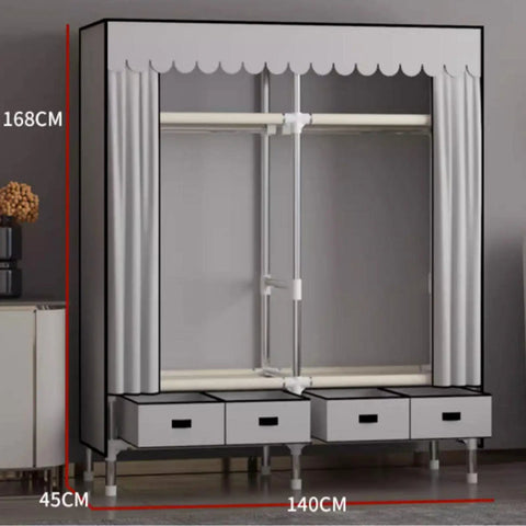 Heavy Duty Canvas Wardrobe Stack With Metal Hanging Rail And Deep Shelves, Nifty Freestanding Fabric Closet For Bedrooms, showcasing a freestanding wardrobe with hanging rail and storage drawers.