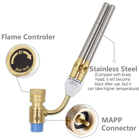 Double Head Gas Torch For MAPP Tank With Two Stainless Steel Heads, Dual Flame Burner, showing flame control and MAPP connector