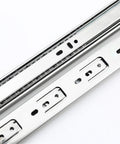 Three Section Drawer Slide Rail Set With Buffer Dampening Steel Ball Bearings For Silent Cabinet Doors 35 Wide 20 Inch Long White Finish