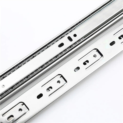 Three Section Drawer Slide Rail Set With Buffer Dampening Steel Ball Bearings For Silent Cabinet Doors 35 Wide 20 Inch Long White Finish