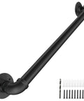 Kick Up Your Safety Game With This Heavy Duty Wall Handrail 3 Feet Long Legit Industrial Pipe Staircase Railing Featuring 1 25 Inch Diameter Black Powder Coated Galvanized Steel Build, showing black steel handrail with fittings and installation hardware.
