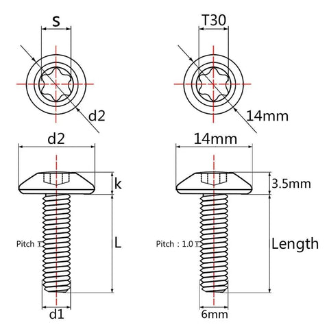 Technical diagram of Titanium Button Torx Head Bolts M6x12mm For Bike And Motorcycle Black 4 Pack Grade 5 6AL4V.