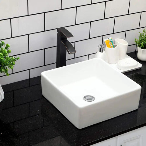 Square Bathroom Vessel Sink Porcelain Ceramic White Vanity Sink Above Counter Modern Sink For Cabinet Lavatory Hotel Style Art Basin