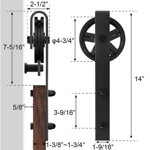 Wood Sliding Barn Door Hardware Kit Black 5Ft Basic Built Tough With Big Spoke Wheel Rollers side view and dimensions
