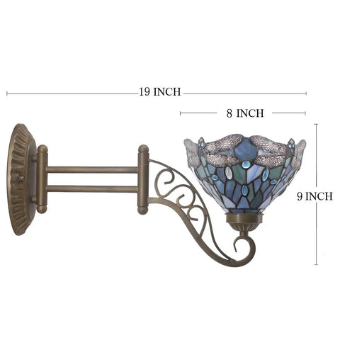 Tiffany Style Wall Sconce Plug In Swing Arm Light With Sea Blue Stained Glass Dragonfly Motif, Antique Green Bronze Base, 8 Inch Shade