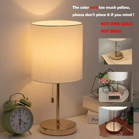Lit Gold Nightstand Lamp With Metal Base And Fabric Shade, Modern Bedside Desk Light for Bedroom Office, shown with clock