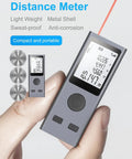 Heavy Duty Laser Rangefinder With Hella Accurate 98 Foot Digital Measurement Tool USB Rechargeable Battery HD Backlit Panel For Contractors And Side Hustlers held in hand with clear display.