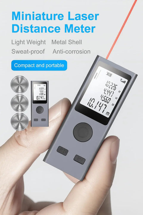 Heavy Duty Laser Rangefinder With Hella Accurate 98 Foot Digital Measurement Tool USB Rechargeable Battery HD Backlit Panel For Contractors And Side Hustlers held in hand with clear display.