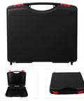Heavy Duty Portable Plastic Toolbox With Reinforced Grip Handle, black with red latches, closed view.
