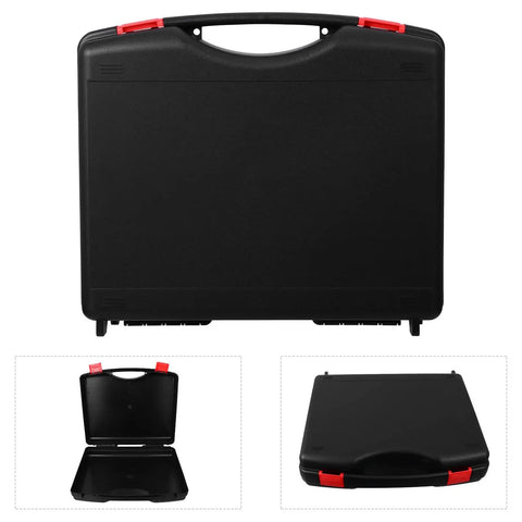 Top Heavy Duty Pp Plastic Tool Box With Secure Latching Lid And Comfort Grip Handle, black exterior, opened and closed views.
