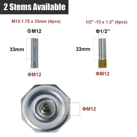 Diagram of two stem sizes for Beefy Heavy Duty Stem Leveling Casters Set Of 4 With 2200 Lb Load Capacity Adjustable Height Retractable Swivel Industrial Casters For Workbenches Machines Equipment And Furniture 2 Inch T60