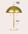 Gold And White Marble 2 Light LED Table Lamp With Glam Desk Style For Modern Bedside Decor, gold metal dome shade and pull chain switch.