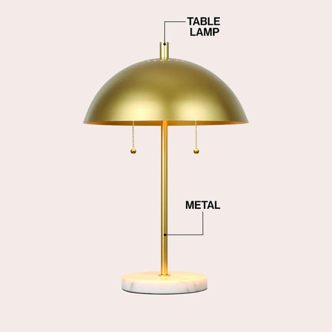 Gold And White Marble 2 Light LED Table Lamp With Glam Desk Style For Modern Bedside Decor, gold metal dome shade and pull chain switch.