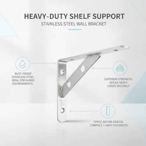 Heavy Duty Wall Mount Shelf Bracket Stainless Steel L Bracket with silver finish and corrosion-resistant design for humid rooms.