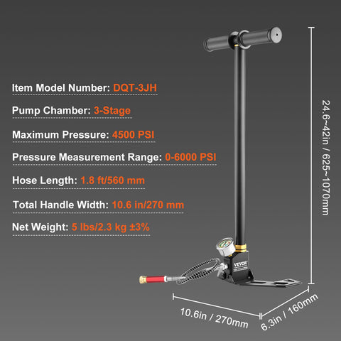 Three Stage High Pressure Hand Pump For PCP Air Guns Stirrup Pump Filling Tool Up To 30 MPa, stainless steel, 4500 psi, folded